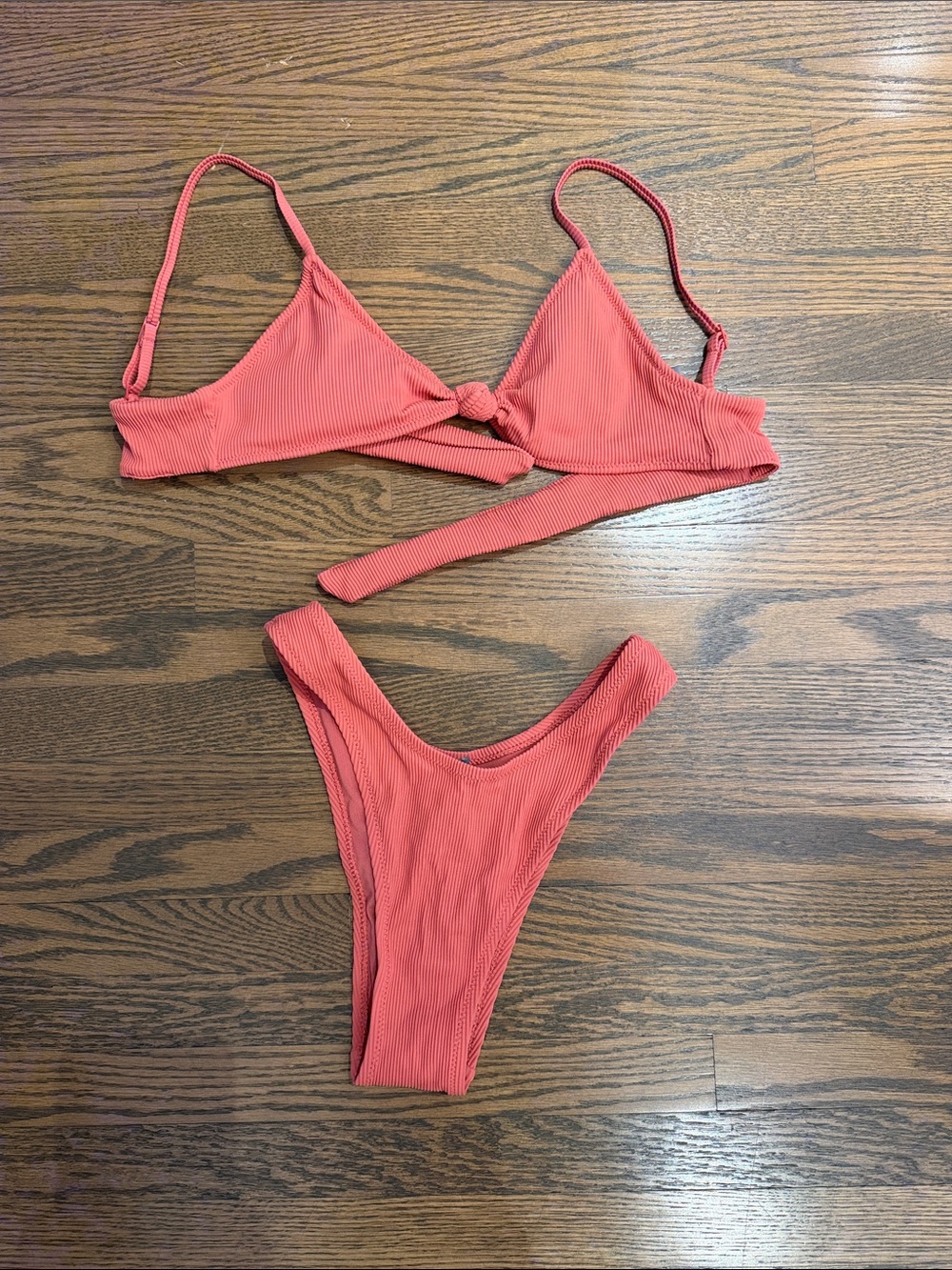 aerie Coral Ribbed Knot Bikini Set